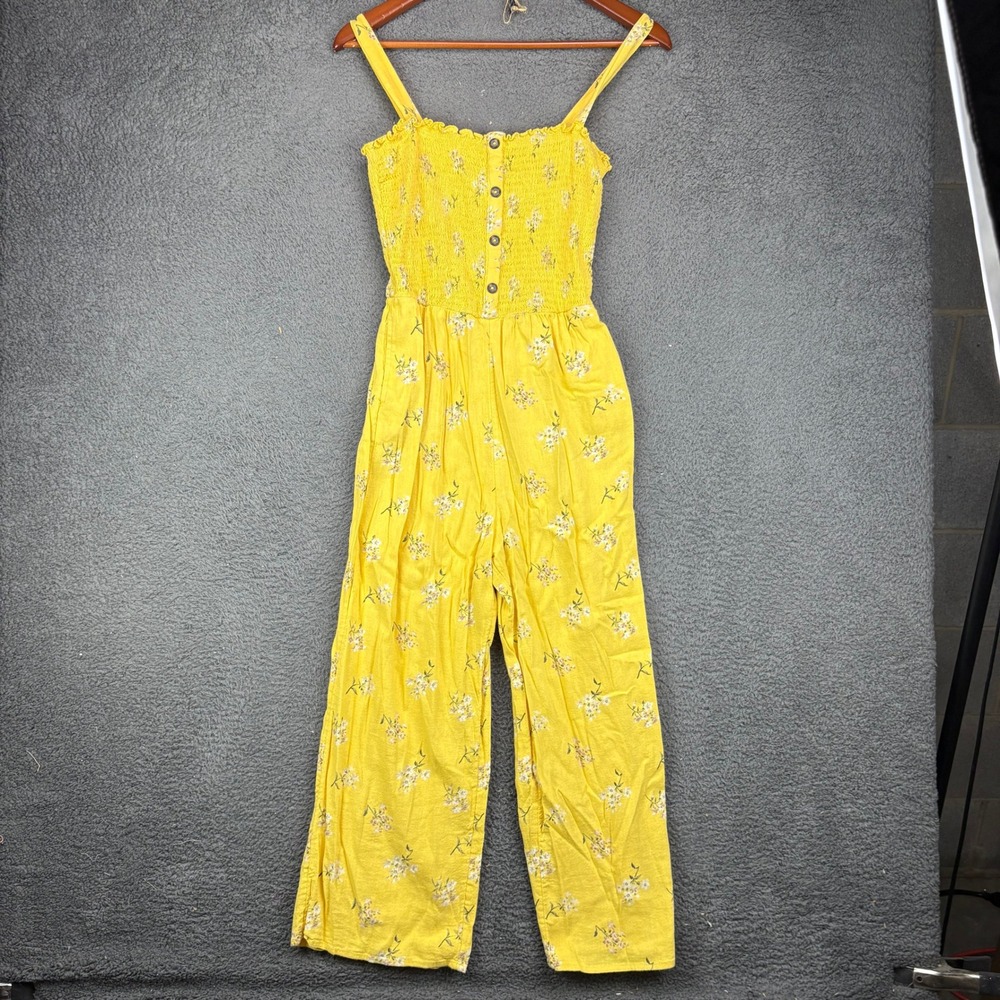 Hollister Yellow Floral Smocked Bodice Jumpsuit Womens Small Wide Leg Sleeveless